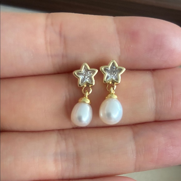 Gold Star Pearl Drop Earrings | CZ Star Studs | Cute Feminine Jewelry - Picture 3 of 5